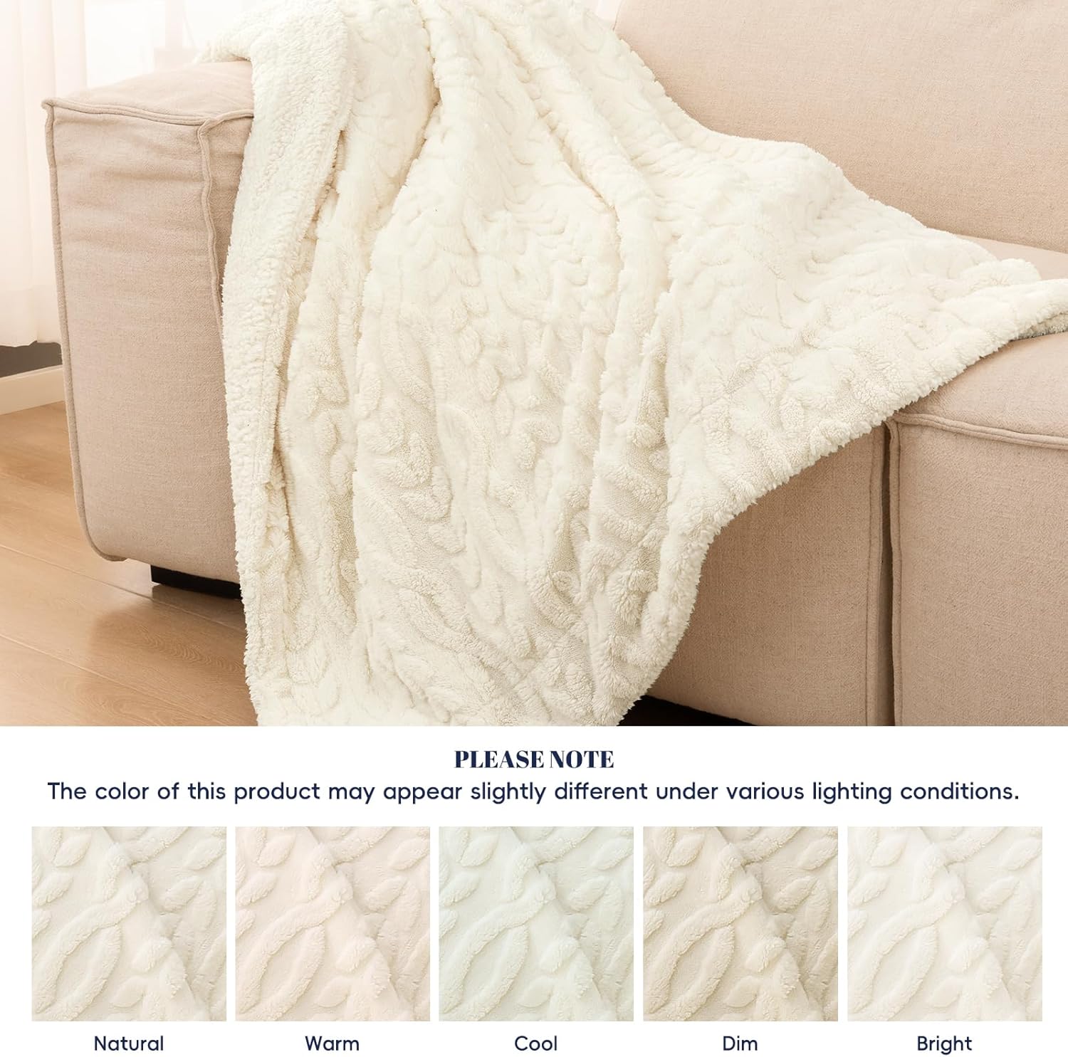 PHF Fluffy Sherpa Blanket Twin Size for Winter, Warm and Soft, 510GSM 3D Jacquard Thick Shaggy Fleece Plush Blanket for Sofa Bed, Cream, 60"x80" - Image 5
