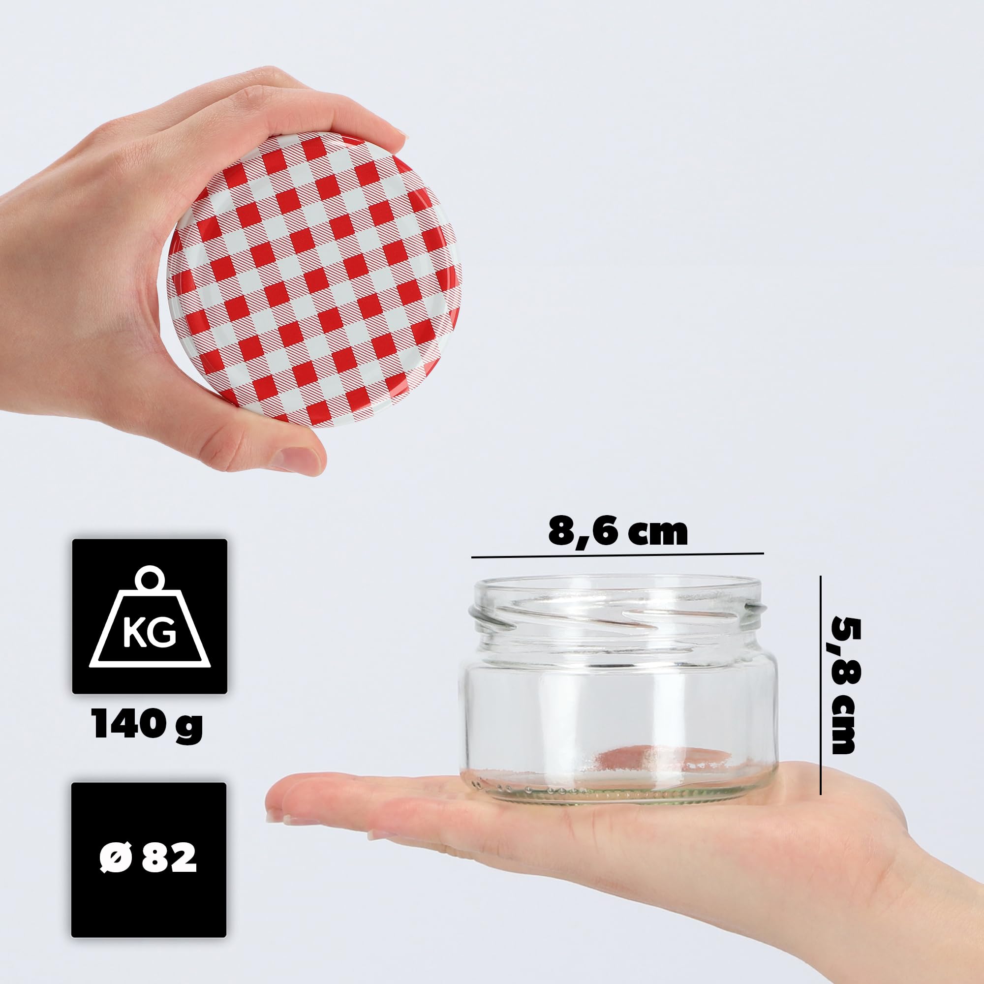 KADAX Zestaw 100 słoików na dżem 250 ml z zakręcanymi pokrywkami Ø 82 mm w kolorze czerwonym w kratkę – hermetyczne, nadają się do mycia w zmywarce, idealne do marmolady, chutneys, marynowanych warzyw