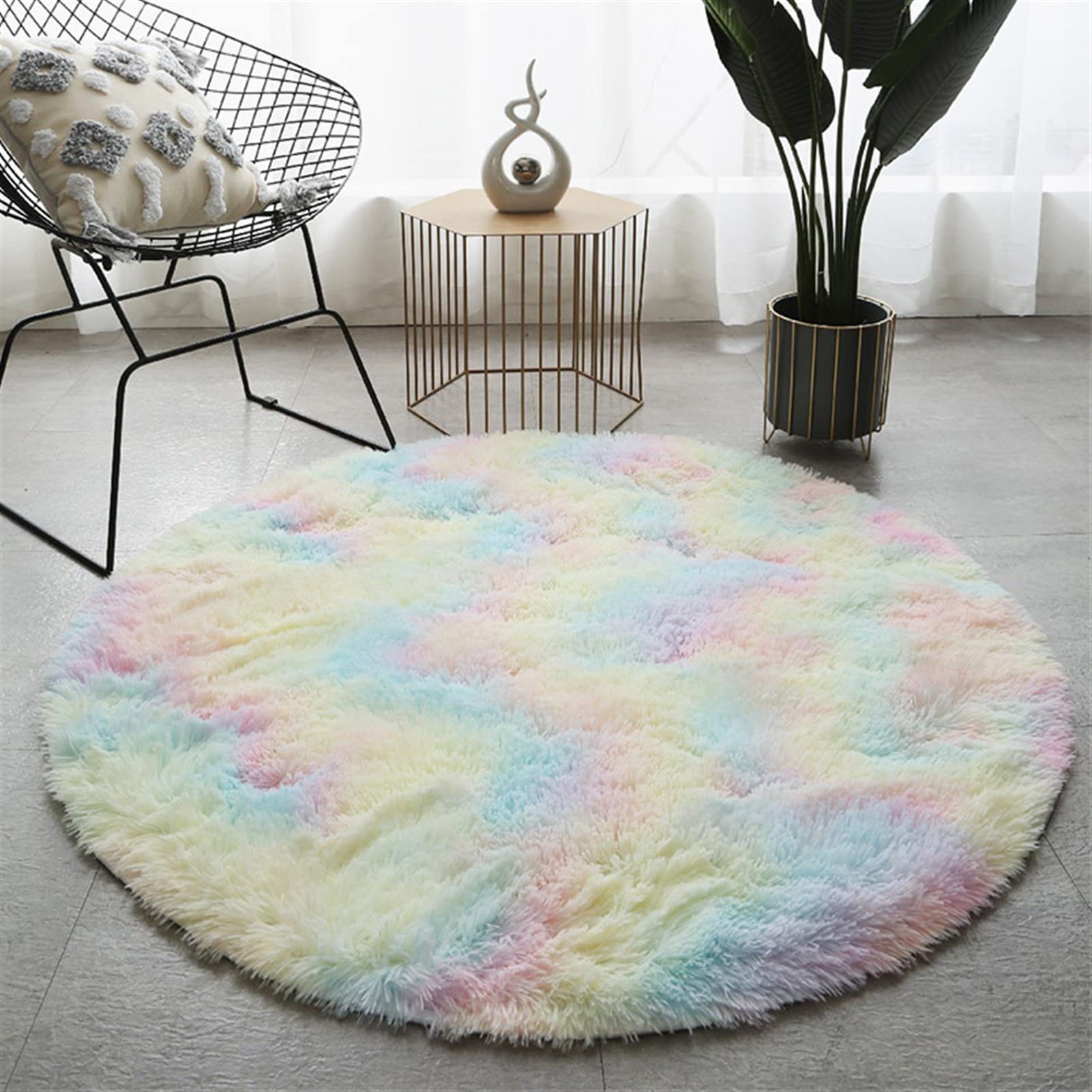 Tapis rond en peluche avec dossier antidérapant et finition tie-dye doux