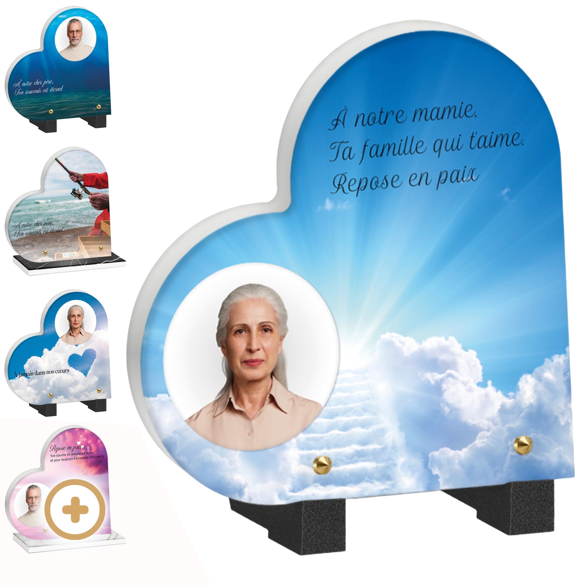 PHENIX | Plaque Funéraire Coeur Personnalisée en Pierre (20x18 CM) Thème Ciel et Mer - Cœur Funéraire Personnalisable, Plaque Funéraire Personnalisable Cœur - Plaque Mortuaire Coeur