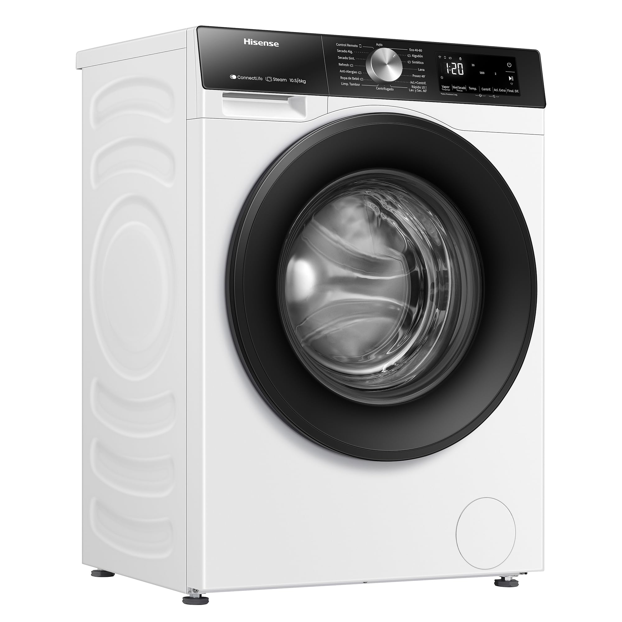 Hisense WD3S1043BW3 - Lavadora Secadora 2 en 1 con Vapor,Clase D/A, Carga Frontal 10.5 kg Lavado, Secadora 6 kg, Conectividad WiFi, Programación Asistida, Monitor de Consumo, Serie 3S, Blanco