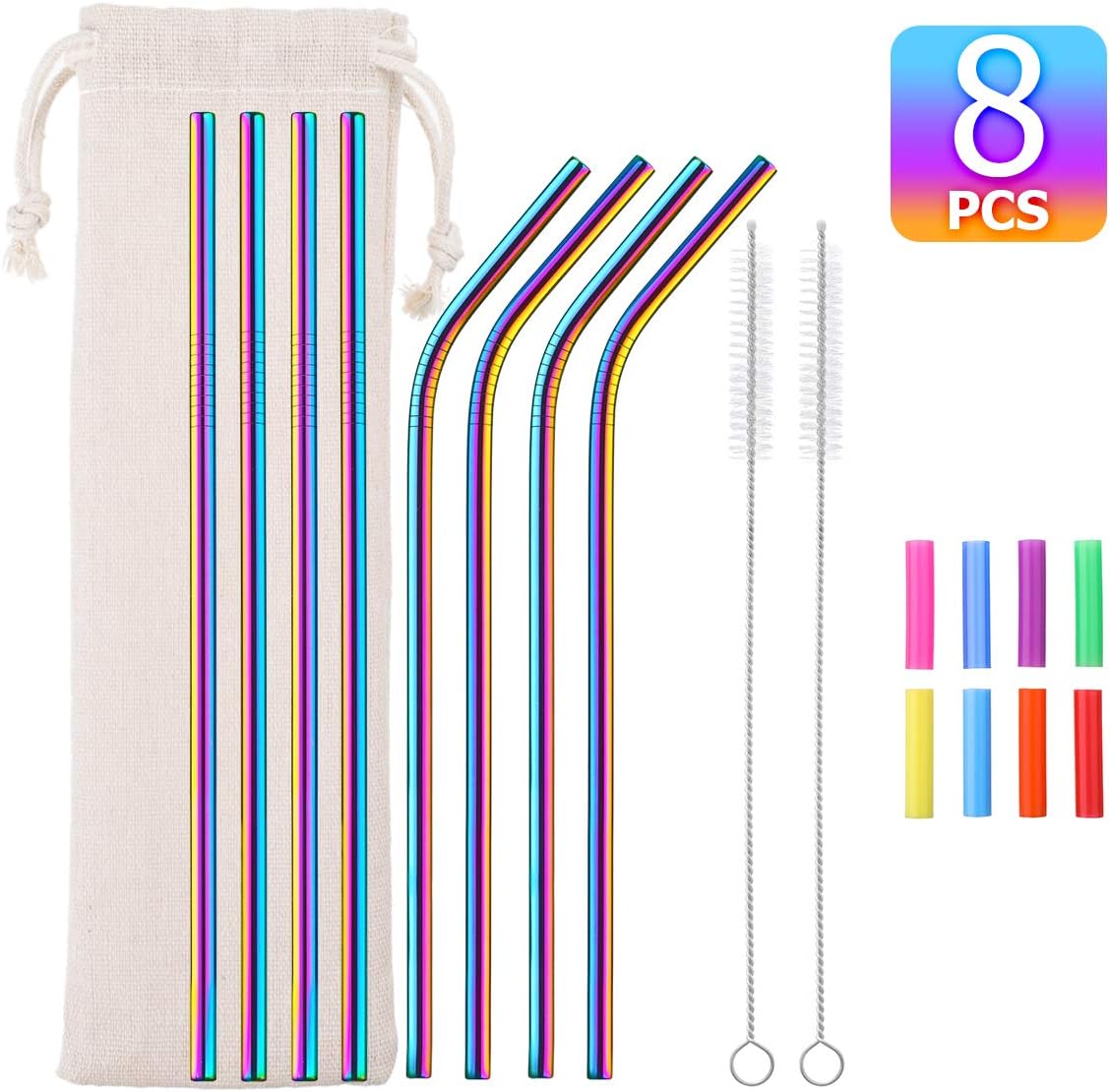 UKawhi Stainless Steel Straws Metal Reusable Straws 8 Set 8.5 inch Multicolor 8 Silicone Tips 2 Cleaning Brushes for Smoothie Milkshake Cocktail and Hot Drinks