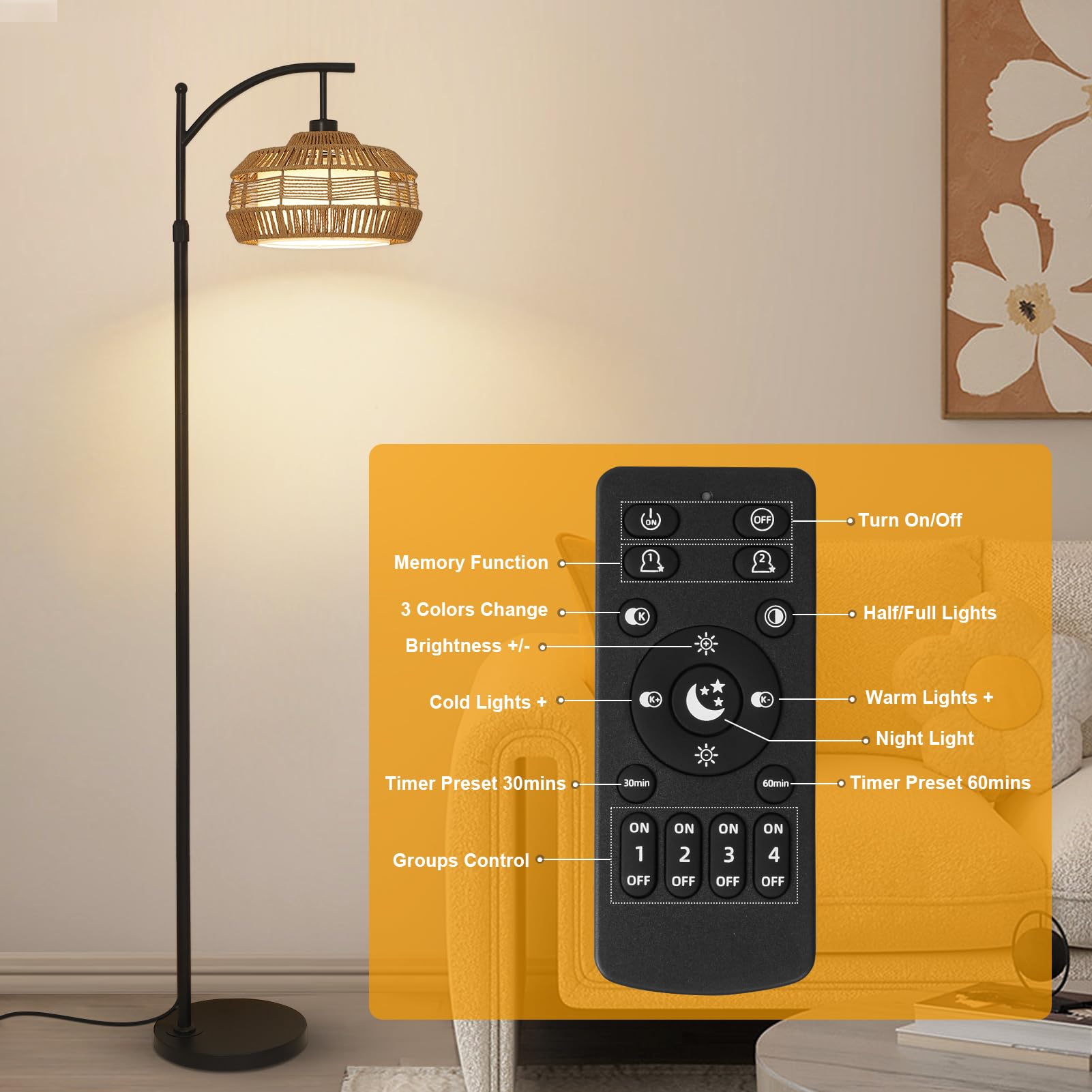 LAMSU Arc Floor Lamps for Living Room, Black Rattan Floor Lamp with Remote, Smart Bulb, Dimmable Boho Standing Lamp with Rattan Shades, Farmhouse Adjustable Tall Lamp for Bedroom Office, App Control