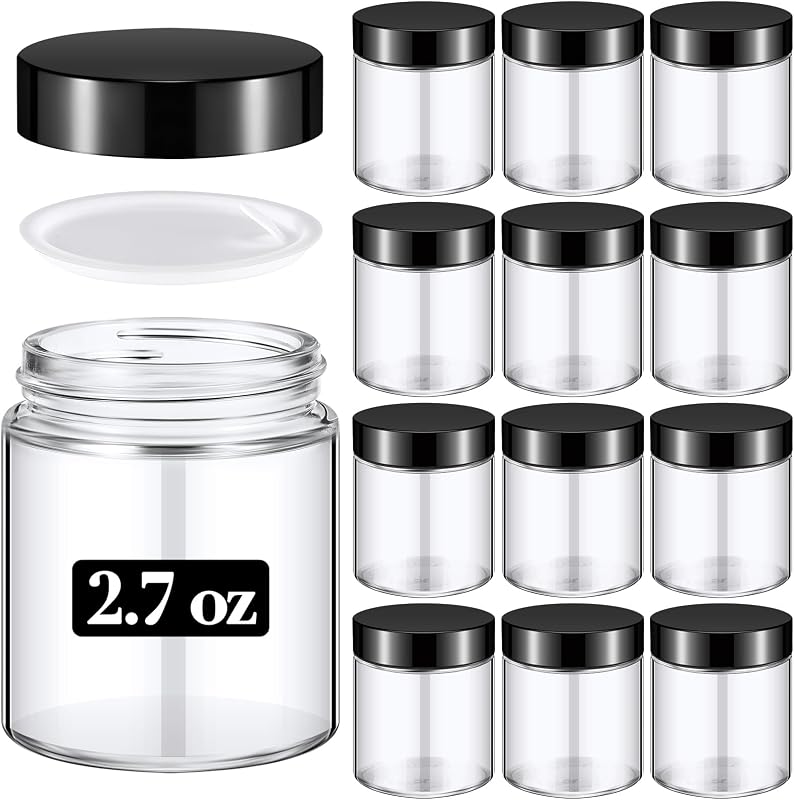 Norme 12 Frascos de Vidro para Cosméticos com Tampa, 80 mL, Preto e Transparente