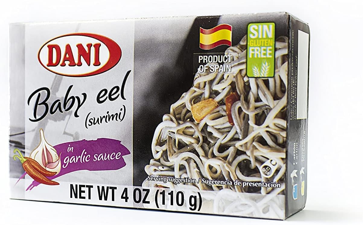 Dani Baby Eel ( Surimi ) Pack of 25 units , in Garlic Sauce ( Gulas/Surimi) Canned 4 oz ( 110 g)