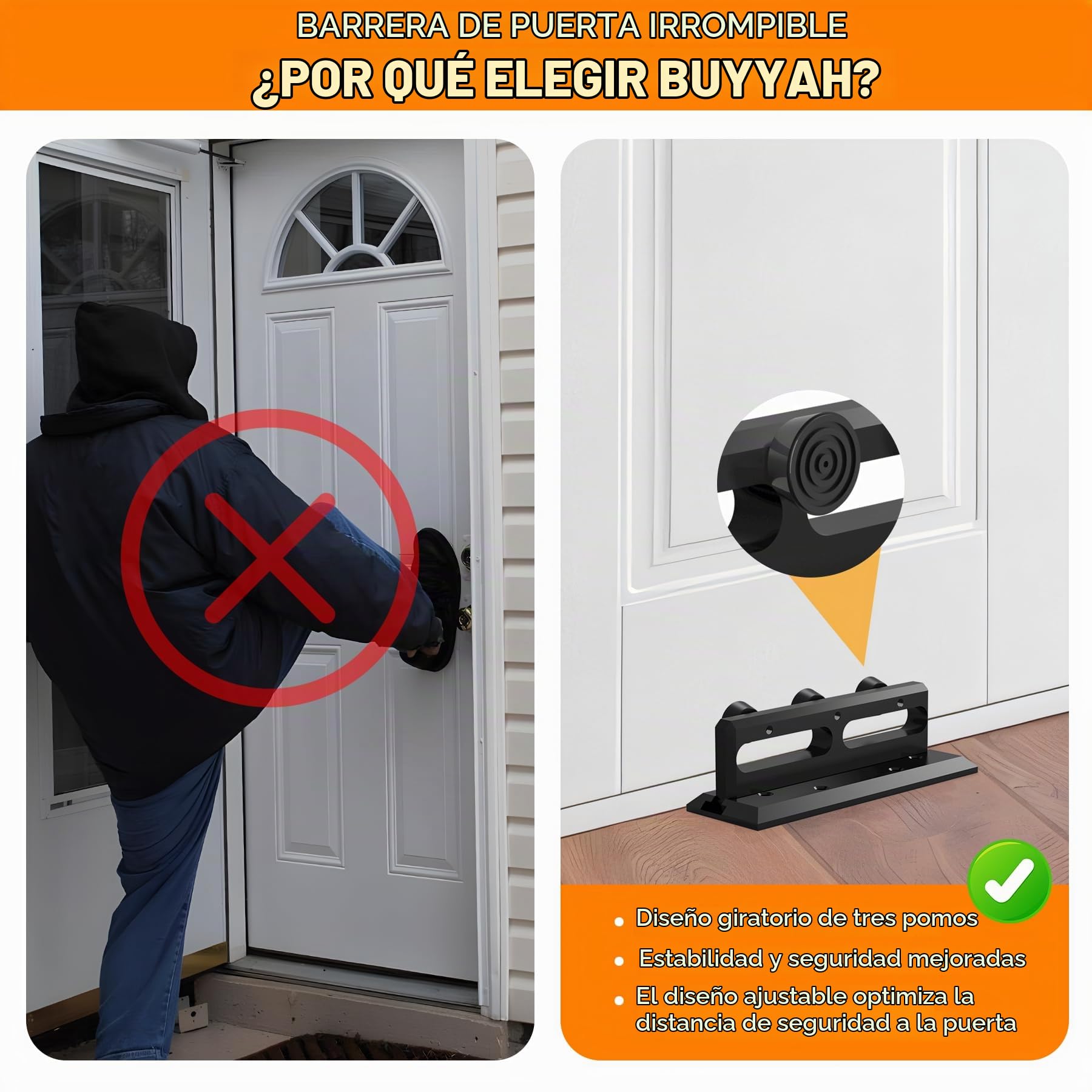 Barra de seguridad para puerta, soporte de puerta de seguridad francés, barricada de seguridad, soporta 3000 libras, evita robos de entrada invasiones en el hogar, (MD # negro #3XN00000B0)