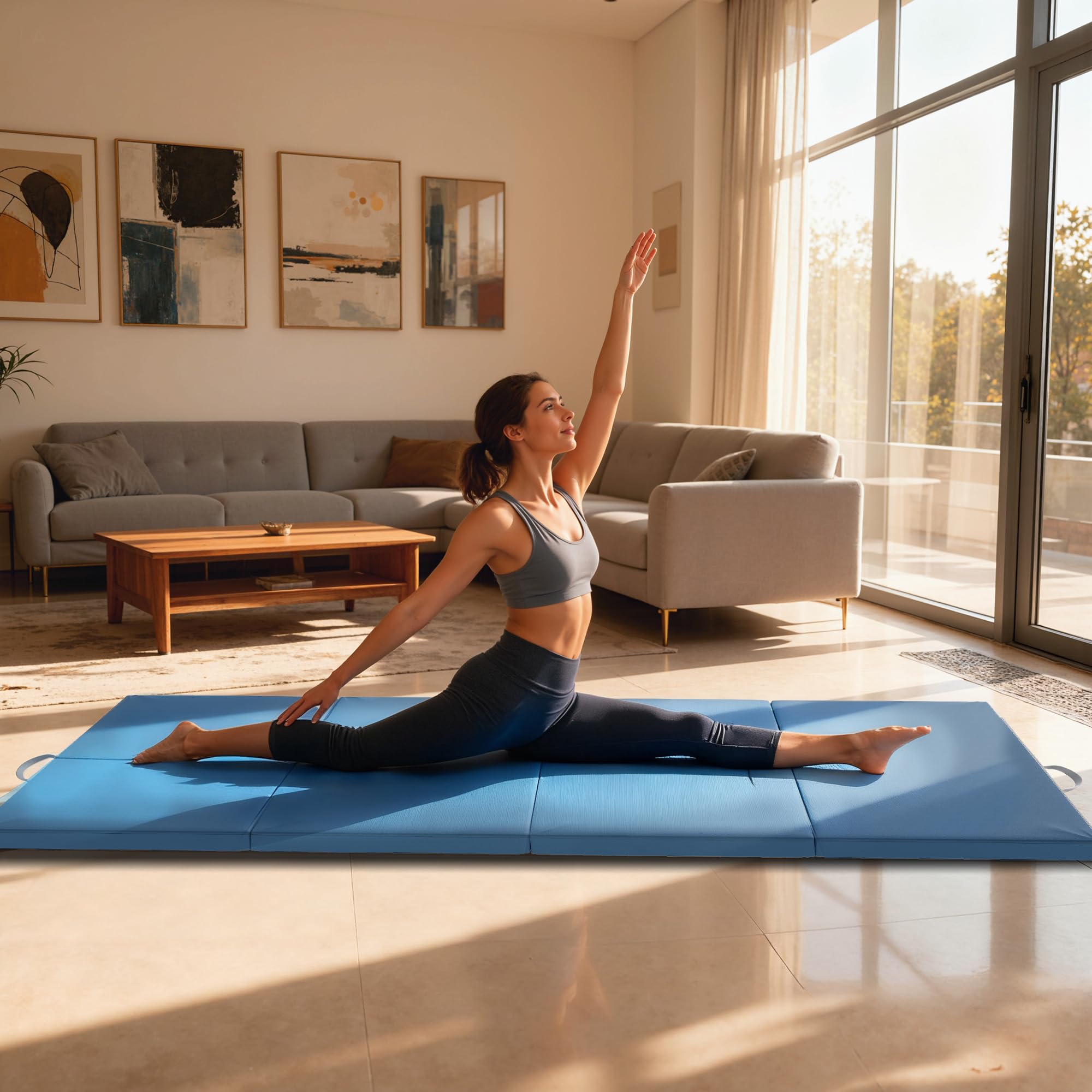 HOMCOM Trainingsmatte, Faltbare Fitnessmatte Sportmatte mit Griffen Gymnastikmatte Gymnastik Tumbling Matte für Yoga, MMA, Fitness, Pilates, Synthetikbezug, Hellblau, 240 x 120 x 5 cm