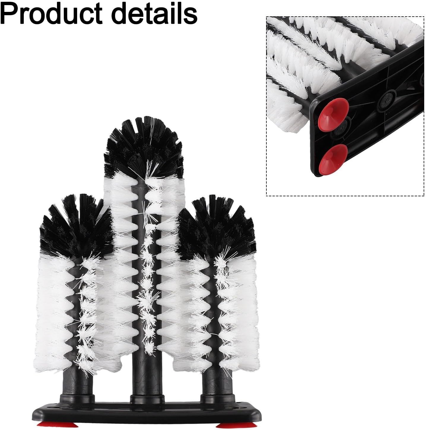 Suction Base Bottle Brush with 3 Detachable Heads for Sink, Bar Glass Cup Washer and Tall Vase Cleaner, Kitchen Drinkware Scrubber Tool