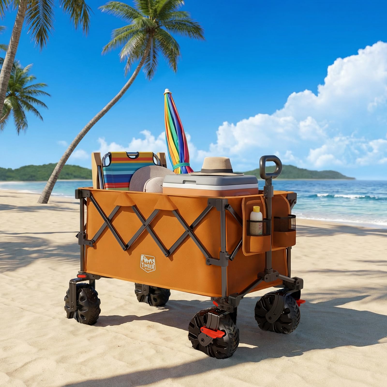 TIMBER RIDGE Zusammenklappbarer Outdoor-Wagen mit Bremsen und Getränkehaltern, 227 kg, strapazierfähig, für alle Geländeräder, Mehrzweckwagen für Einkaufen, Camping, Garten, Sport, Orange