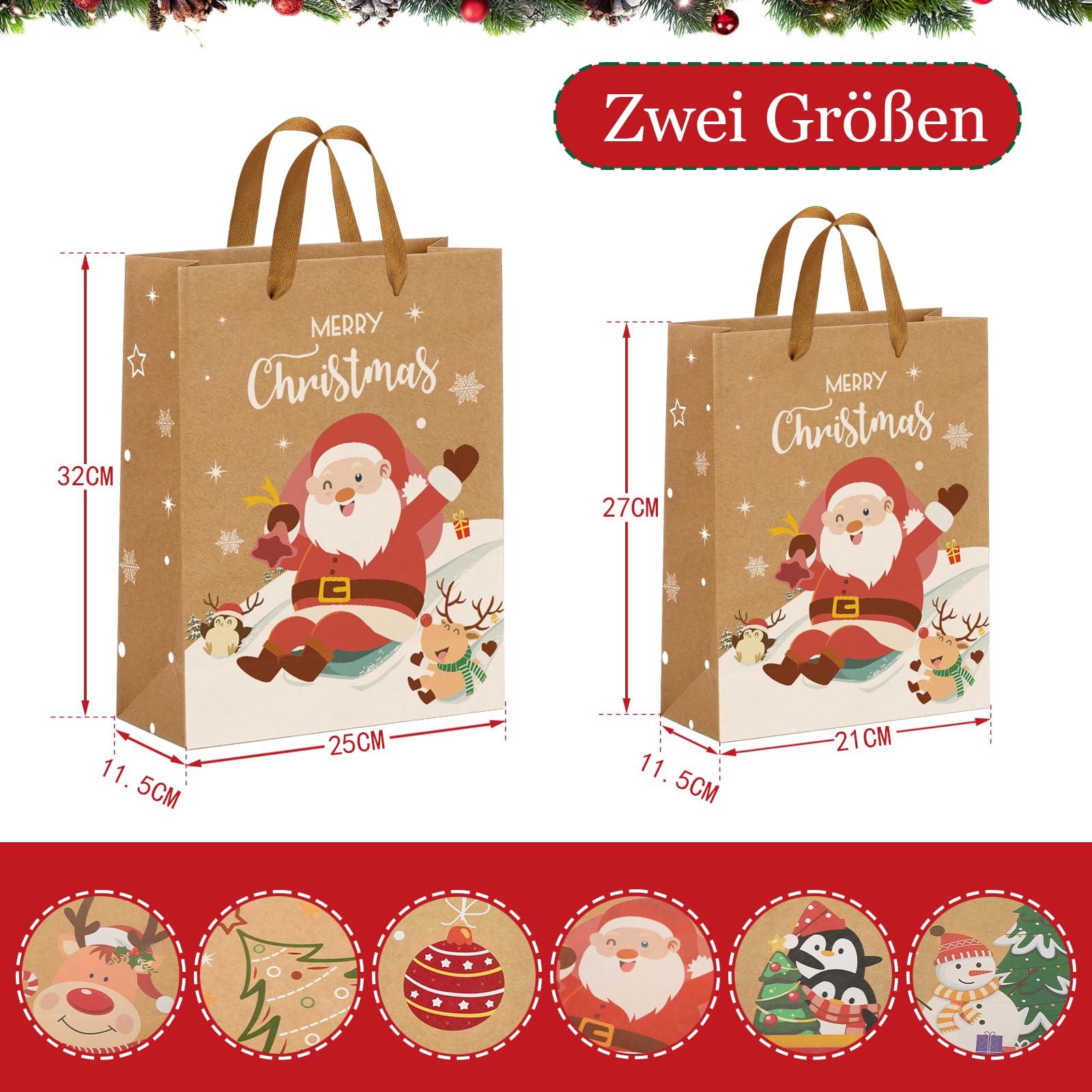 12 Sacs Cadeaux Noël En Papier Kraft - 2 Tailles (30x12x21 Cm Et 23x9x18,5 Cm), 6 Motifs Festifs, Poignées Corde, Réutilisables