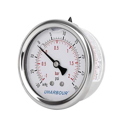 Miniatura 2 de Medidor de presión de vacío lleno de glicerina -30HG30PSI, 2-12 pulgadas de dial transparente, conexión trasera NPT de 14", caja de acero