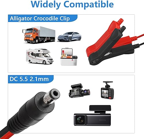 Miniatura 2 de CERRXIAN 4.9FT1.5M 16AWG DC 0.217 in x 0.083 in Abrazaderas de batería Cable de extensión con fusible 10A, clip de cocodrilo cocodrilo a DC 5.5