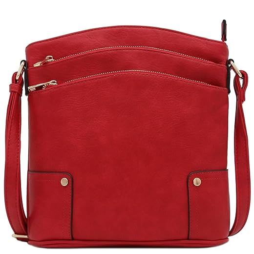 Triple Zip Pocket Large Crossbody Bag (Red)