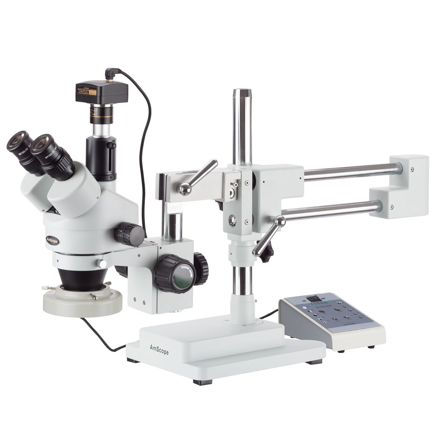 AmScope SM-4TZ-80AM-5M Digital Professional Trinocular Stereo Zoom Microscope, WH10x Eyepieces, 3.5X-90X Magnification, 0.7X-4.5X Zoom Objective, Eight-Zone LED Ring Light, Double-Arm Boom Stand, 110V-240V, Includes 0.5X and 2.0X Barlow Lenses and 5MP Camera with Reduction Lens and Software
