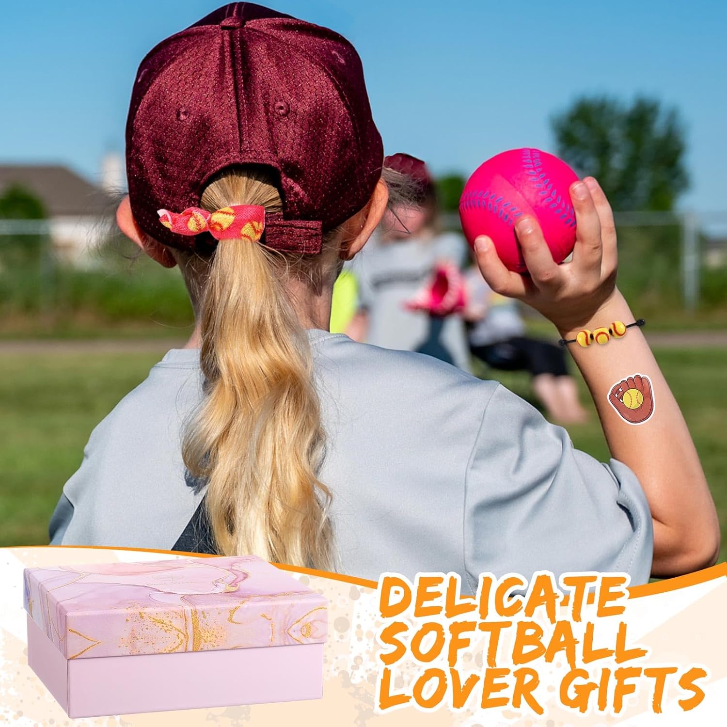 63 Pcs Softball Gifts for Her Lovers Gift with 16OZ Glass Cup Makeup Bag Softball Hair Ties Stickers Necklace Earrings Bracelet Keychain Stuff for Women Girls - Image 7