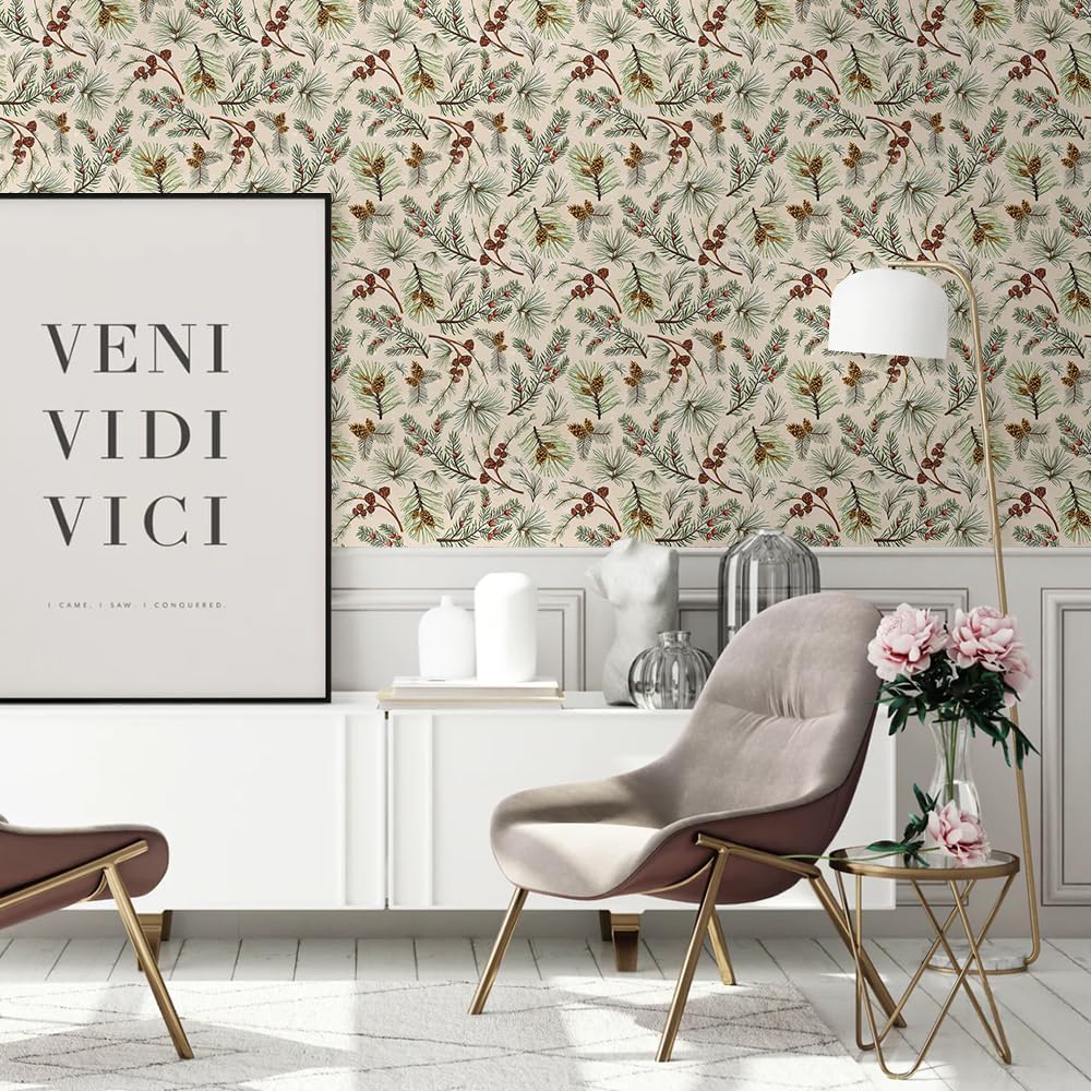 Rustic Cream Beige Green Pine Tree Cone Leaf Christmas Peel and Stick Wallpaper Contact Paper Vintage Vinyl Stick on Wall Paper for Bedroom Bathroom Kitchen Cabinet Renter Friendly