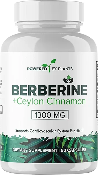 POWERED X PLANTS Pure Berberine Supplement - 1300mg Berberine with Ceylon Cinnamon for Metabolism & Immune System Support - 60 Servings