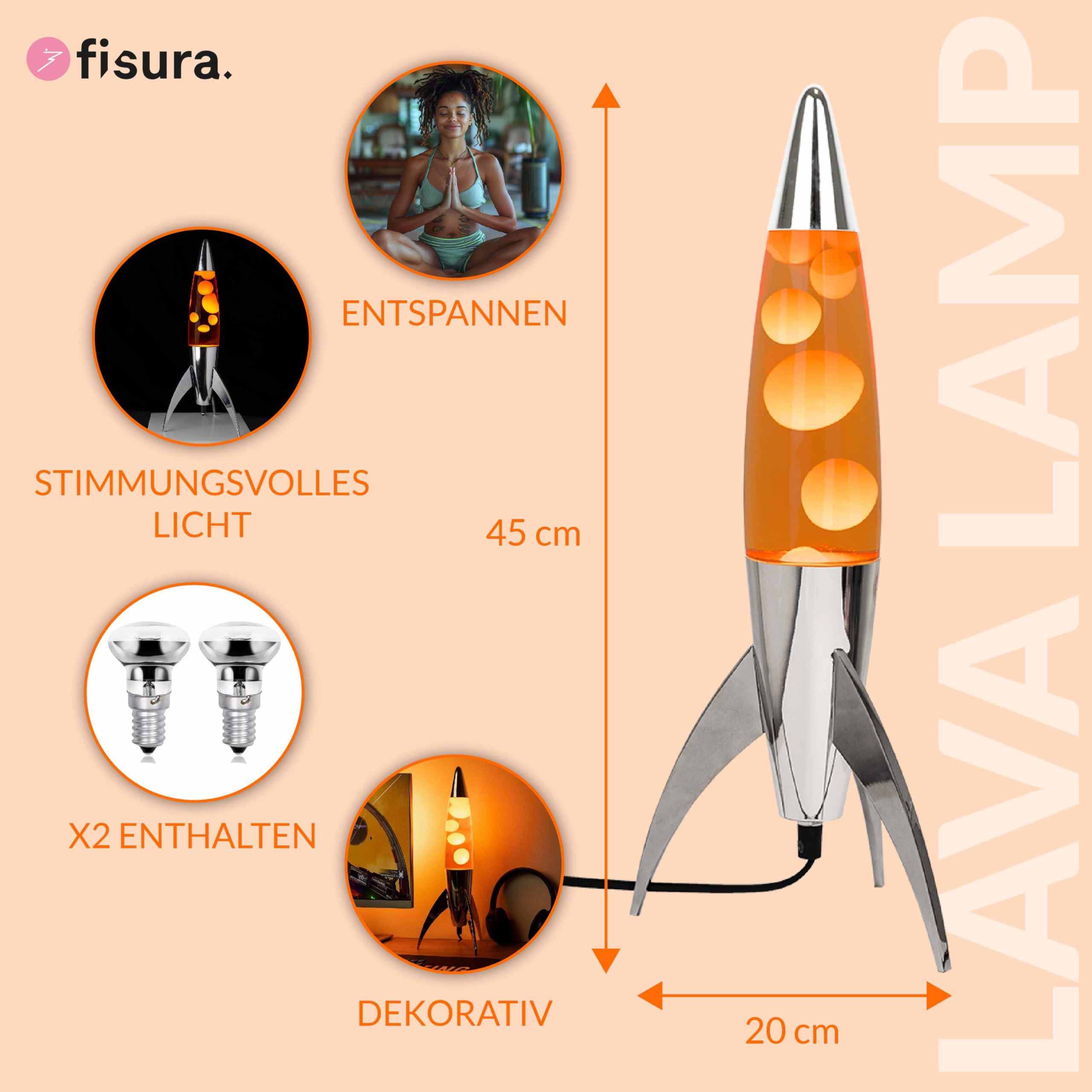 Fisura Lavalampe Rocket Orange verchromter Sockel Retro-Lampe Ersatzlampe 20 cm x 20 cm x 45 cm