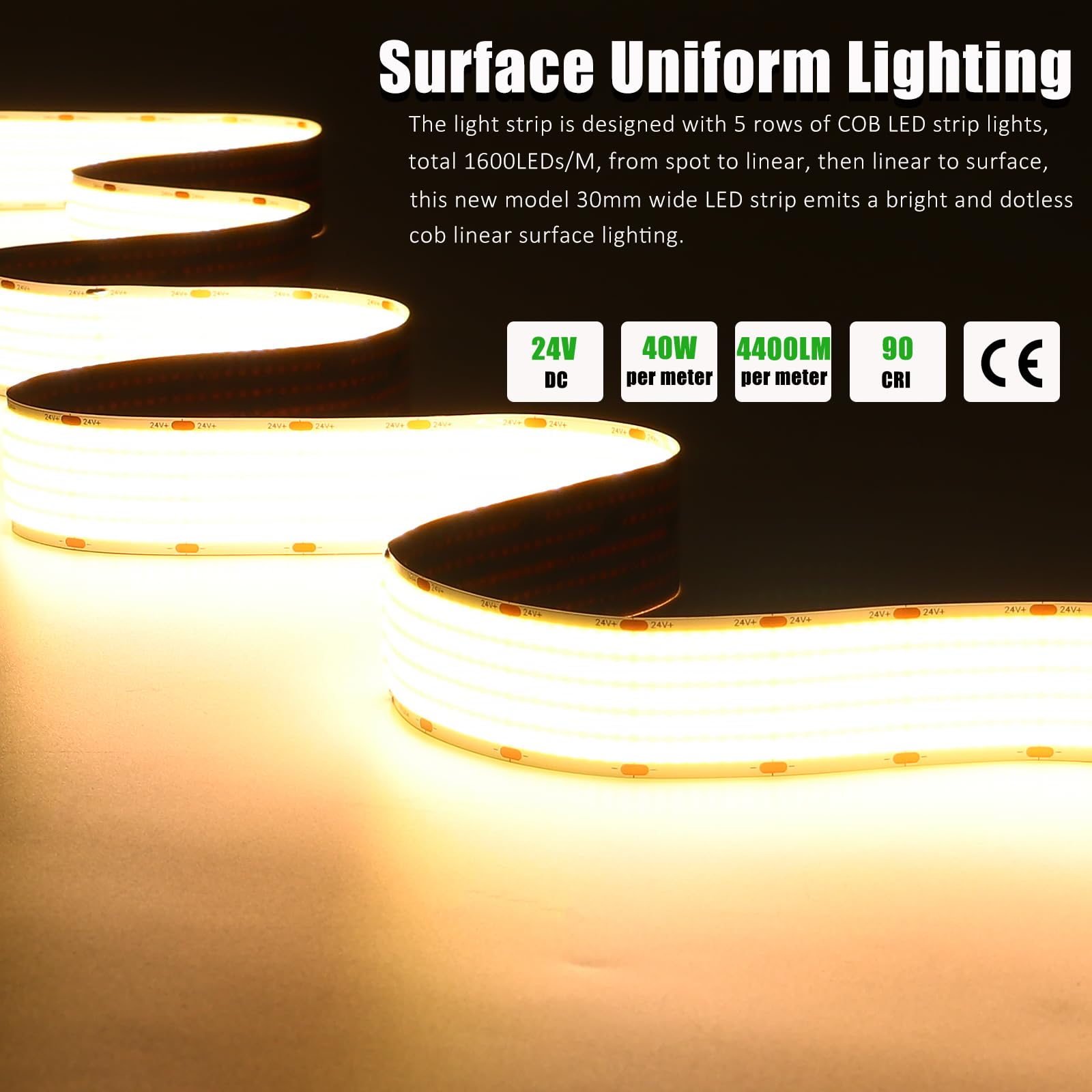 JOYLIT 30MM Breit COB LED Streifen 24V 5M 3000K Warmweiss, 5 Reihen 1600LEDs/M Hohe Dichte 40W/M 22000LM Ultrahell LED Band CRI 90+, Selbstklebend LED Strip Für Industrie, Gewerbe (Keine Netzteil)