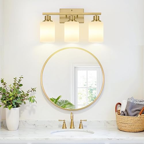 Miniatura 5 de Lámpara de baño de 4 luces, lámpara de tocador dorada cepillada con tonos blancos lechosos, accesorios de iluminación de baño sobre espejo, lámpara