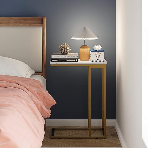 Miniatura 6 de Yusong Mesa auxiliar en forma de C, mesa auxiliar de sofá que se desliza debajo del sofá cama, mesa pequeña para espacios pequeños, mesa delgada