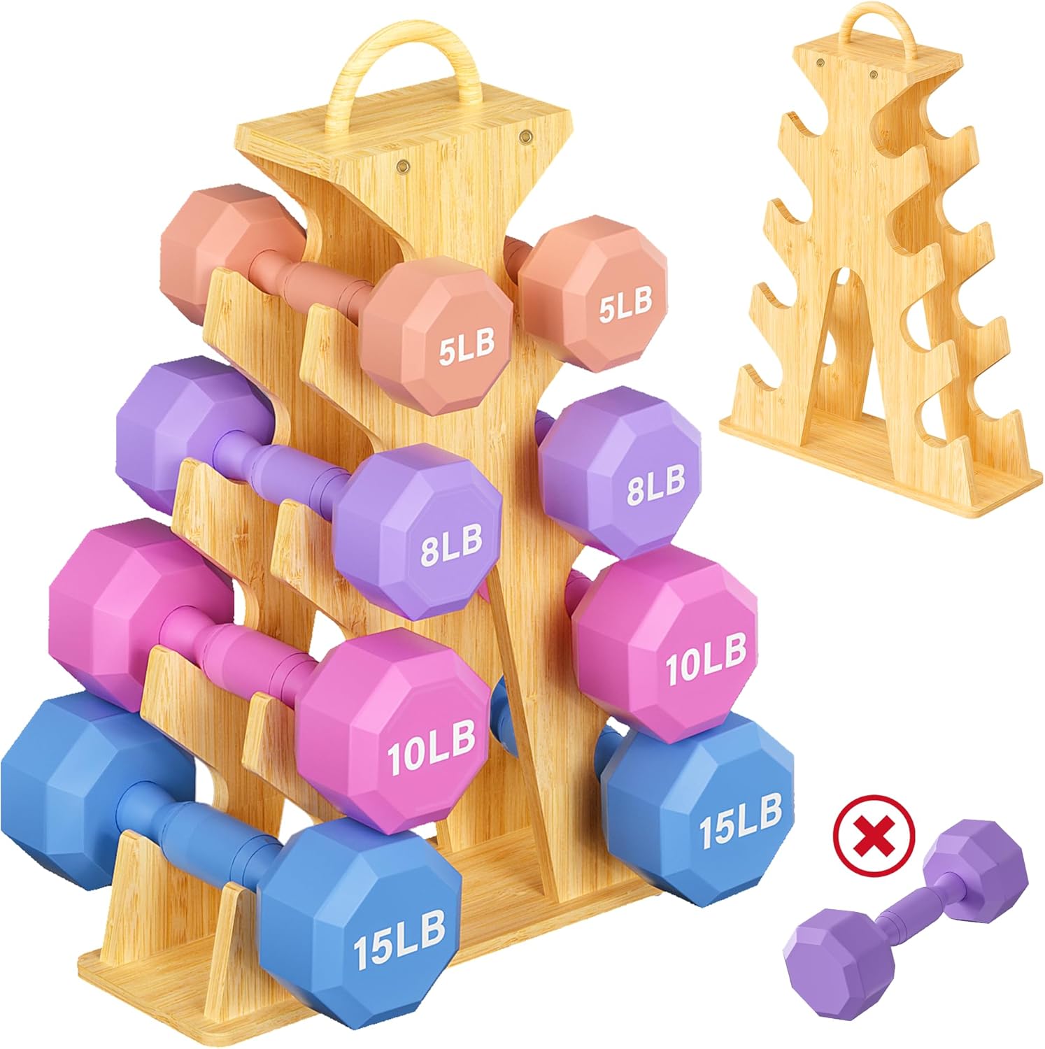 MinBoo Bamboo Weight Rack for Dumbbells, Compact A-Frame Dumbbell Rack Stand Only, Dumbbell Rack with Handle, for Home Gym Workout