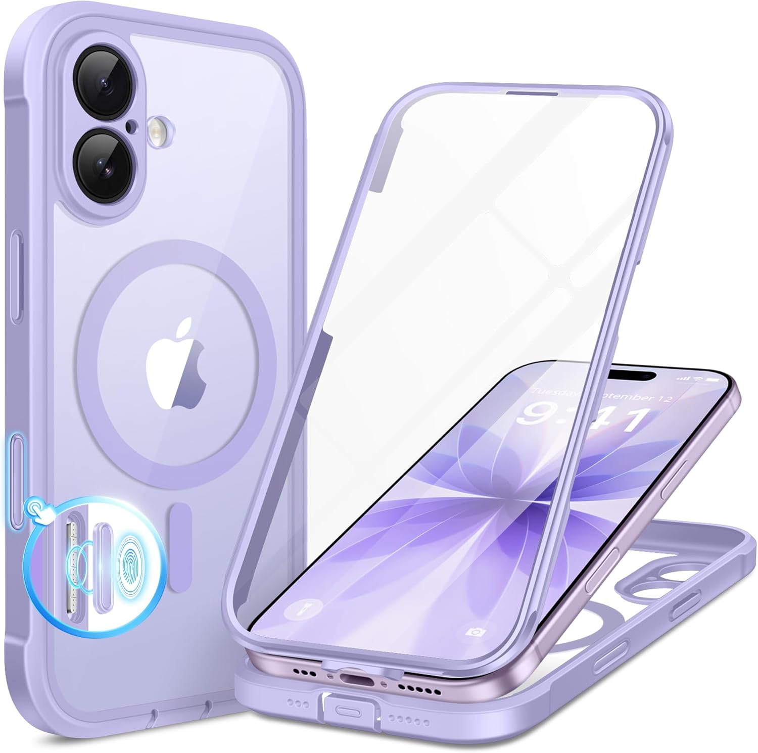 BERFY for iPhone 17 Case, Compatible with MagSafe, Built-in 9H Tempered Glass Screen Protector and Camera Protection, Full Body Shockproof Clear Phone case for 17 6.3", Purple