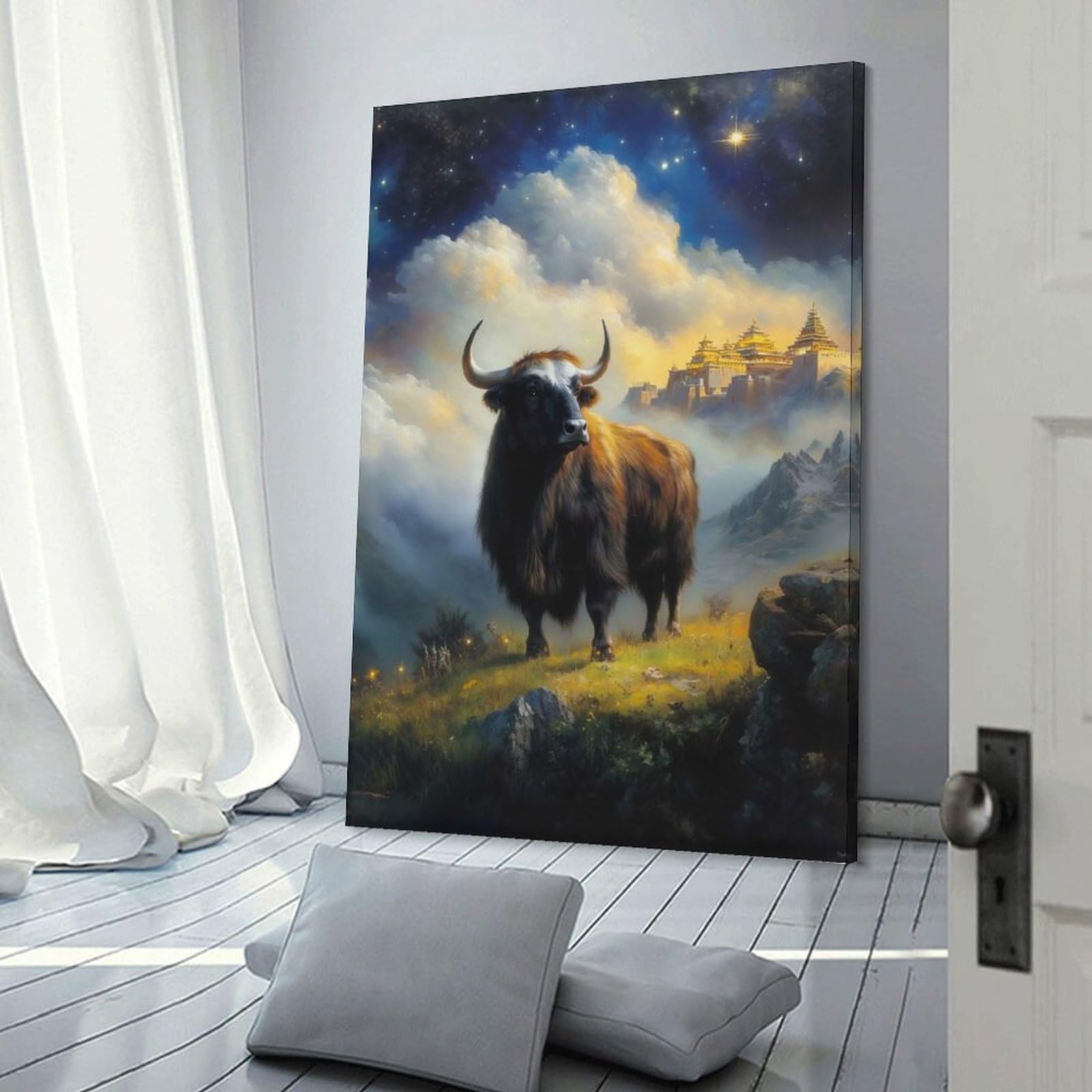 Junmoney Yak in Mountainous Landscape with Temple Decorative Wall Artwork 20x30inch(50x75cm), for Front Hall, Corridor Or Welcome Spaces, Decorative Wall Art for Narrow Spaces