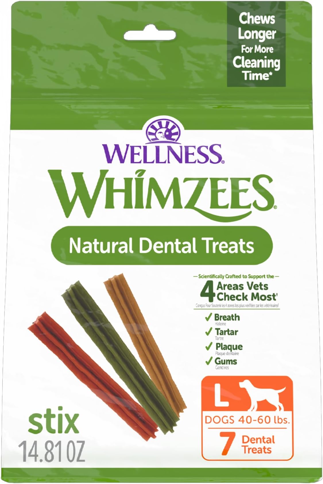Whimzees Wellness Stix Natural Dog Dental Treat, Chews, Freshens Breath, Large Size Sticks, 14.81 oz Bag, 7 Count