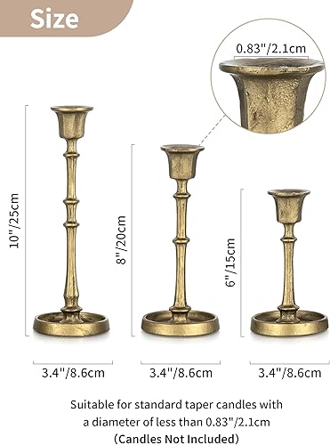 Miniatura 4 de NUPTIO Portavelas de hierro fundido candelabros de latón antiguo con estética única de cera de goteo  Juego de 3 candelabros dorados para decoración
