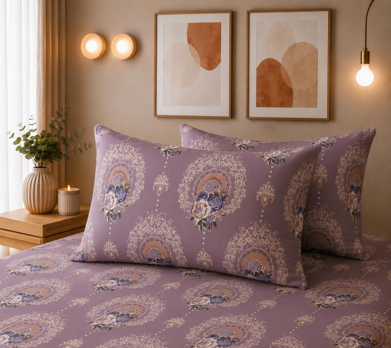 THE HOME STYLE Super Soft Glace Cotton King Size Printed Pillow Covers ll Pillow Cases ll Set of 2 Piece- 18"x 28" Inches (Lavender Mauve)