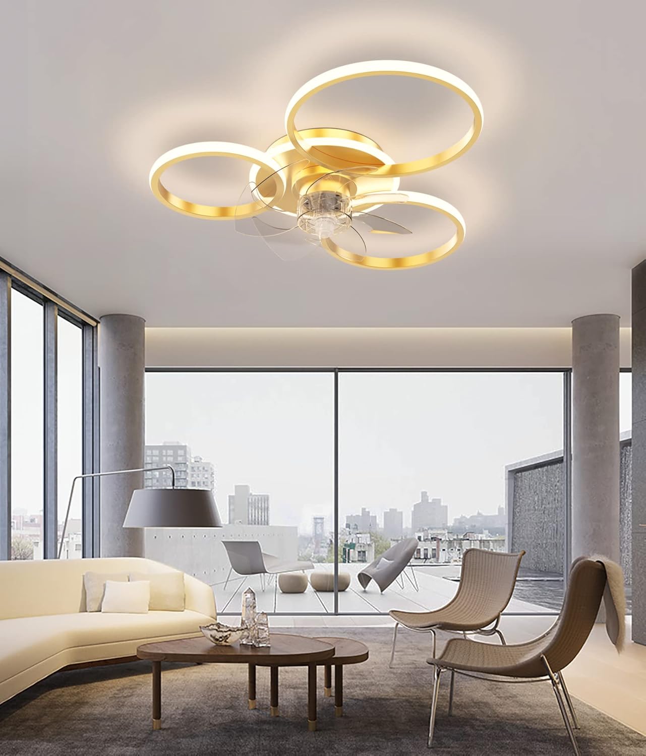 YUEGOO Ceiling Fans with Lamps,Silent Ceiling Fans with Lights and Remote Reversible Fan Light 6-Speed Winter and Summer Mode with Dimmable Light Led Ceiling Light Living Room Bedroom/D/3 Circles