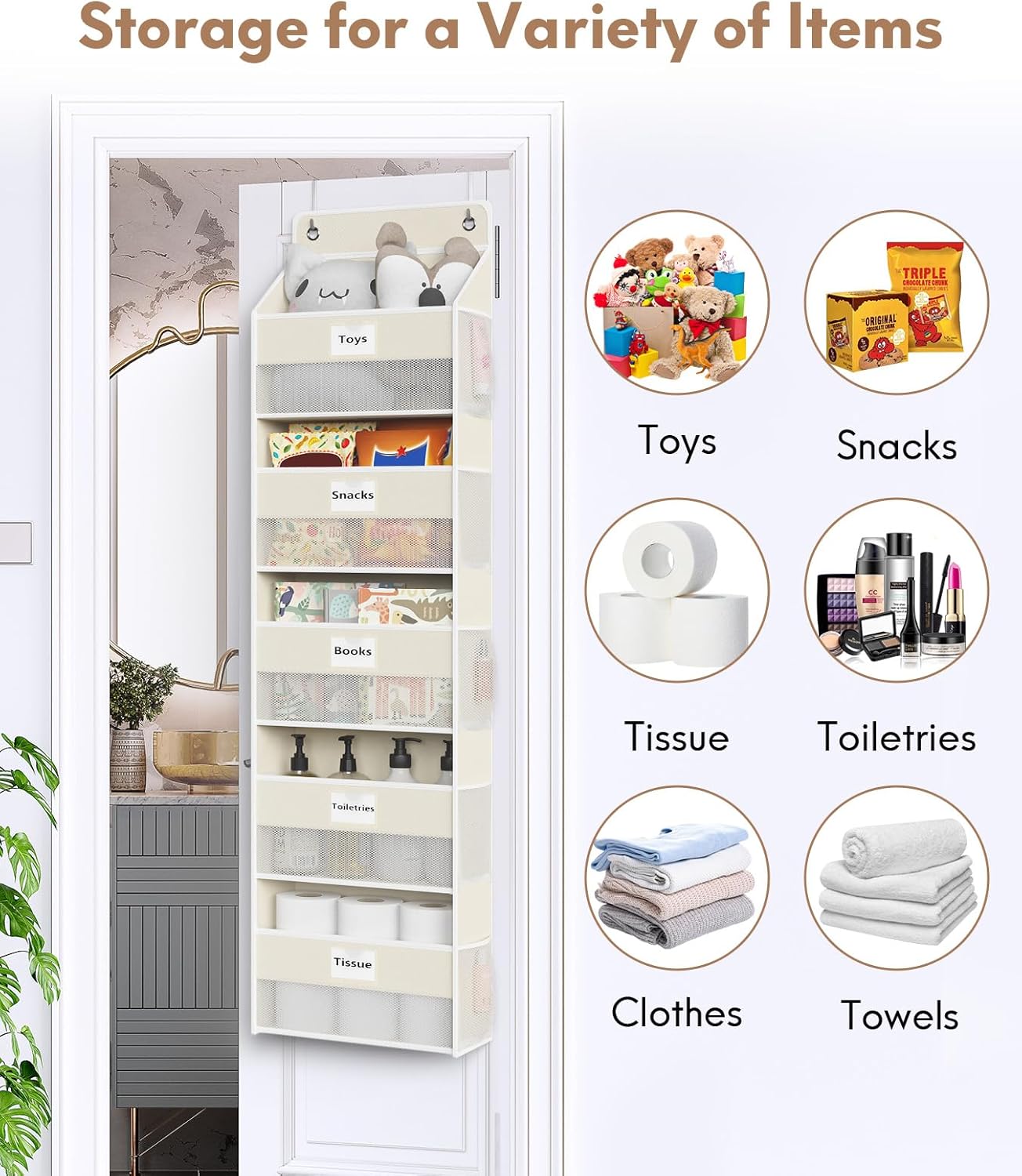 Optish Over The Door Organizer Hanging, 2 Pack 5 Shelf Behind The Doors Storage, Pantry Door Organizer, Closet Organizers for Bedroom and Nursery (Beige)
