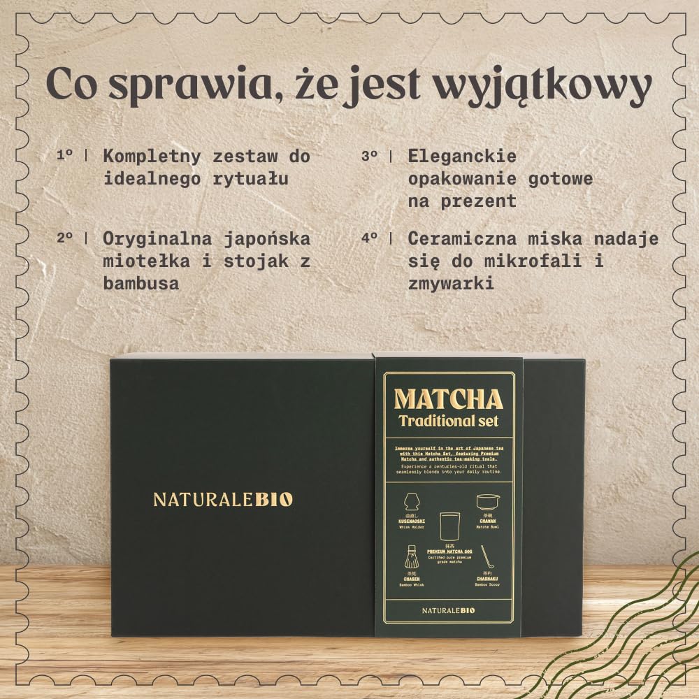 NaturaleBio Matcha Set Prezentowy 50 g Matcha Miotełka Miska | Zawiera 50 g premium matcha, bambusowy chasen, miskę, stojak i łyżeczkę. Gotowy zestaw prezentowy.