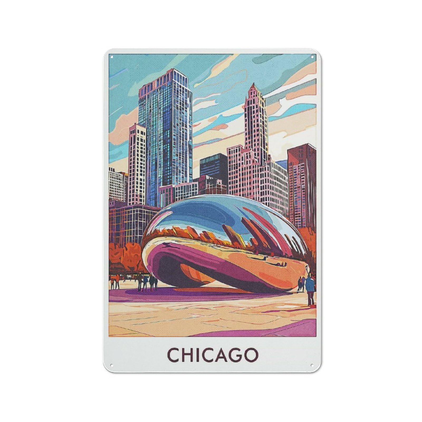 Junmoney Style-6 Chicago Skyline With Cloud Gate Retro Metal Sign 30X20cm For Home Office Or Studio, Suited To Home Office Decor Fans