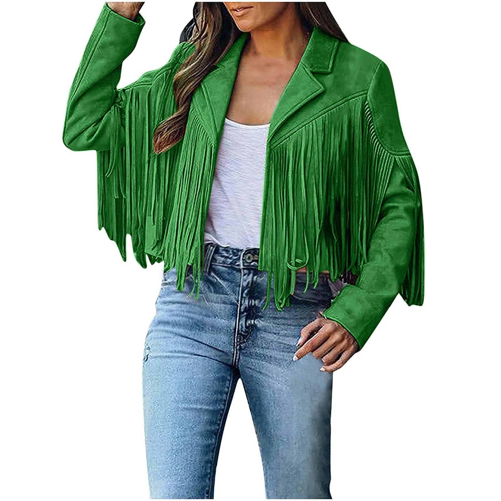 TRIGLIKOLEUM Cowboy Jacket Women's Faux Suede Leather Jacket with Tassels Crop Fringe Cardigan Coat Leisure Long Sleeve Transition Jacket Short Fringe Jacket Motorcycle Jacket Biker Jacket Outdoor