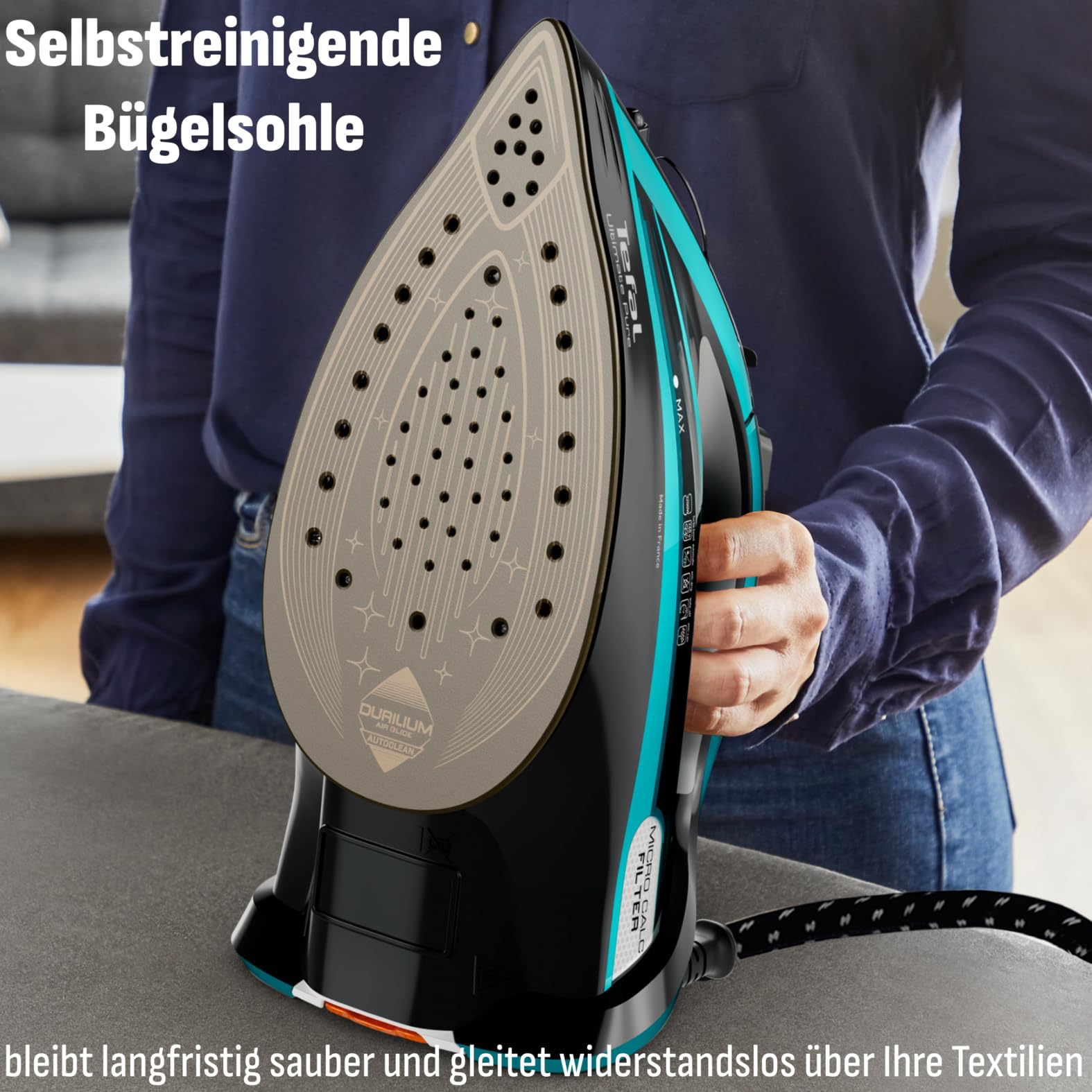 Tefal Dampfbügeleisen Ultimate Pure 3200 W 1,2 kg Micro-Calc-Filter Durilium Airglide Autoclean-Bügelsohle FV9844 schwarz/türkis