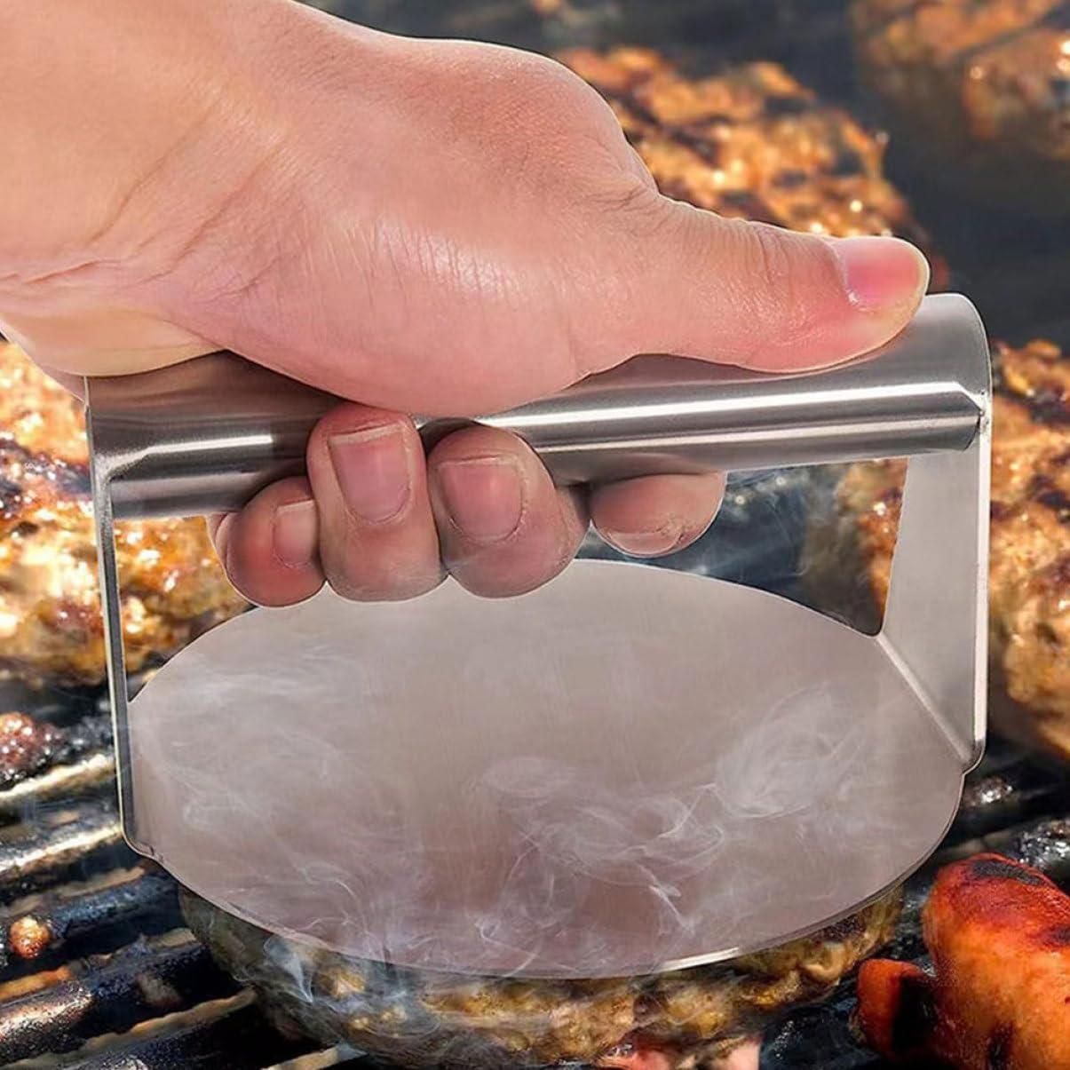 Set Utensili Bbq in Acciaio Inossidabile Legno e Silicone per Grigliata Esterna, 5 Pezzi Schiaccia Hamburger, Spatola e Boccetta per Condimenti