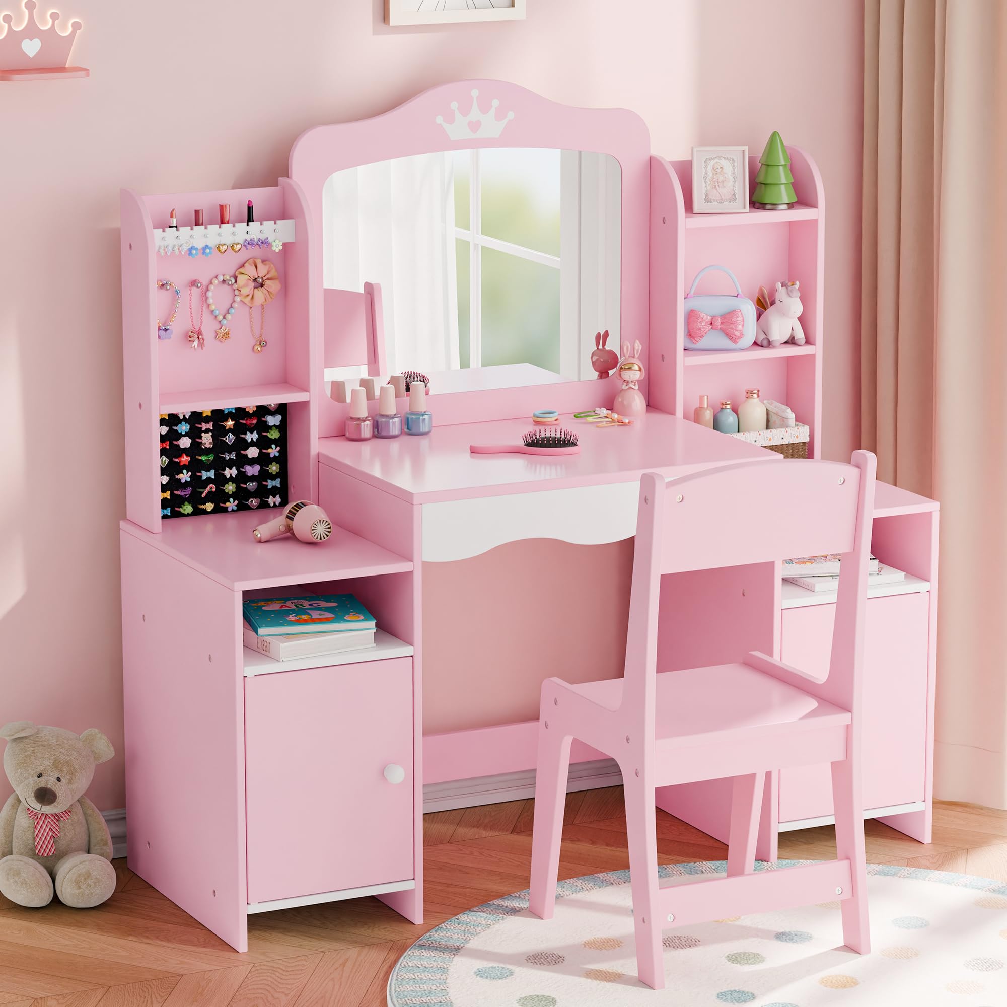 MU Kids Vanity, Girl Vanity Set with Mirror and Stool, 2 in 1 Toddler Makeup Vanity Table with Jewelry Storage, Wooden Princess Makeup Desk Dressing