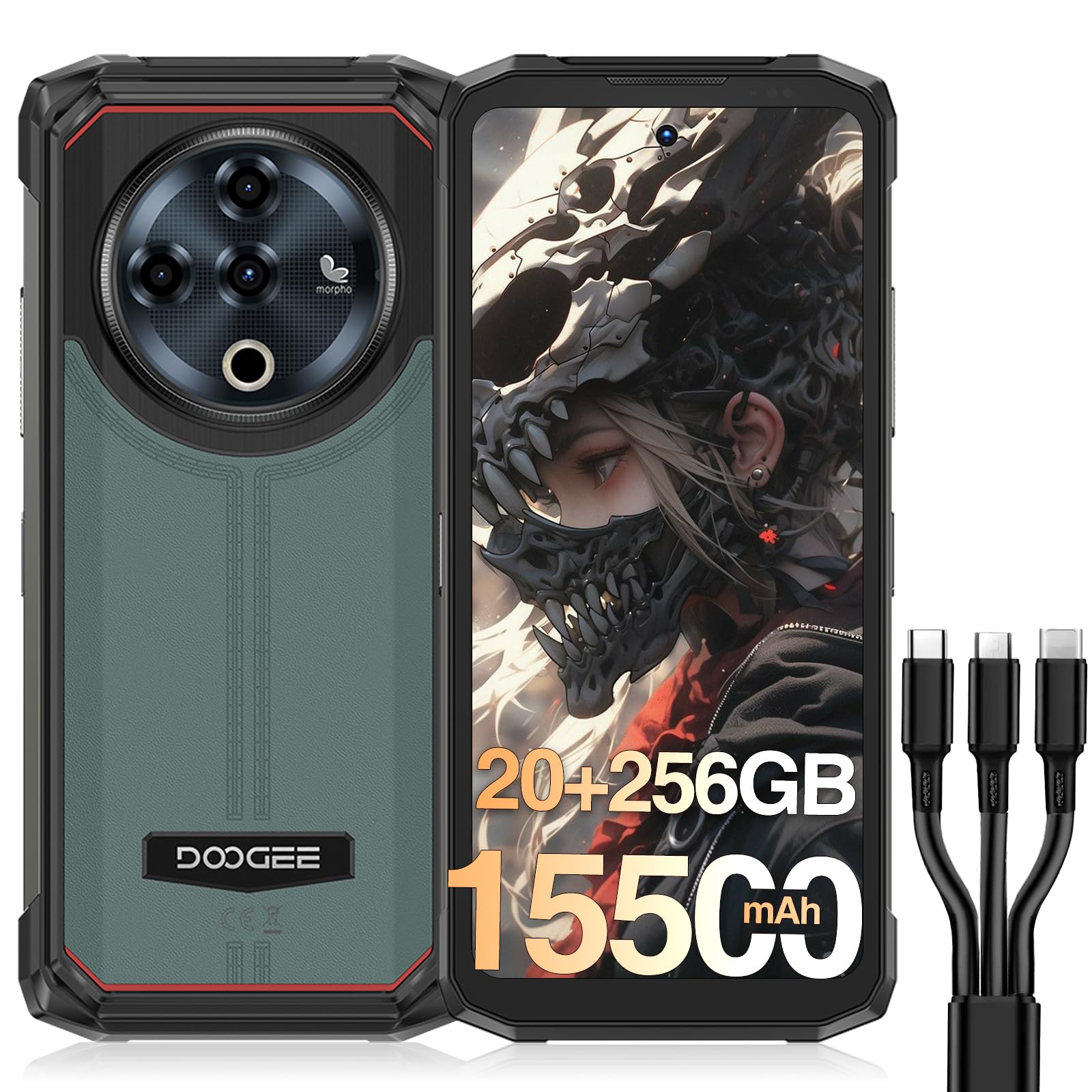DOOGEE Fire 6 Power Rugged Smartphone, 20GB+256GB/TF 2TB Telefono Indistruttibile, 6.6" 15500mAh/33W Octa-Core Cellulare indistruttibile, OTG Ricarica inversa da 18W, 50MP/IP68/Dual SIM/NFC/Face ID