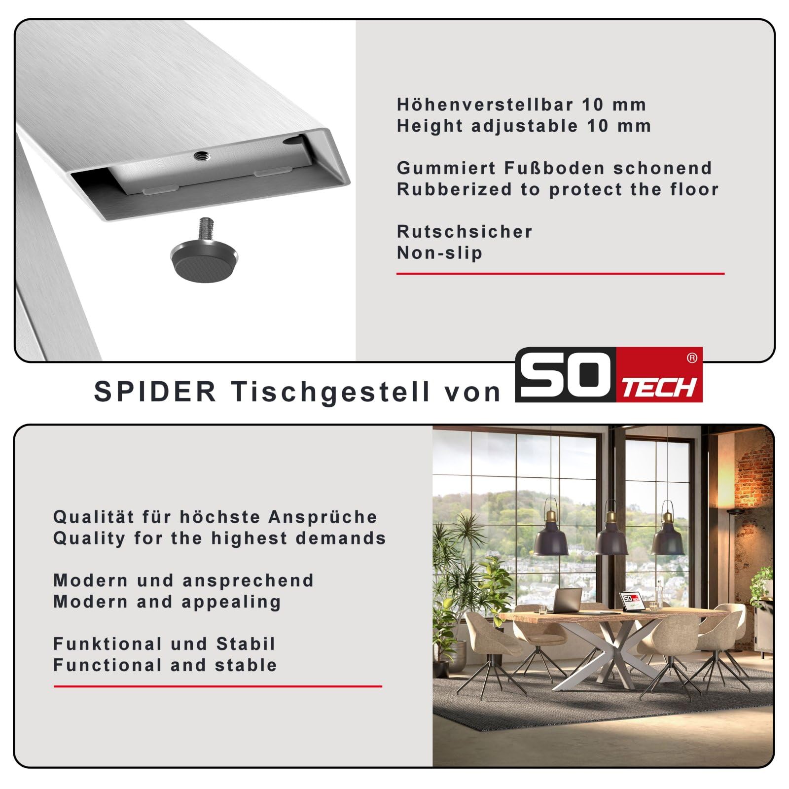 SOTECH Tischgestell Spider/Schwerlast Tisch-Beine aus echtem Edelstahl gebürstet / 710 x 1500 x 780 mm/bis 500 kg Belastbarkeit/Einfache Montage/Tisch-Kufen für DIY-Projekte Esstische