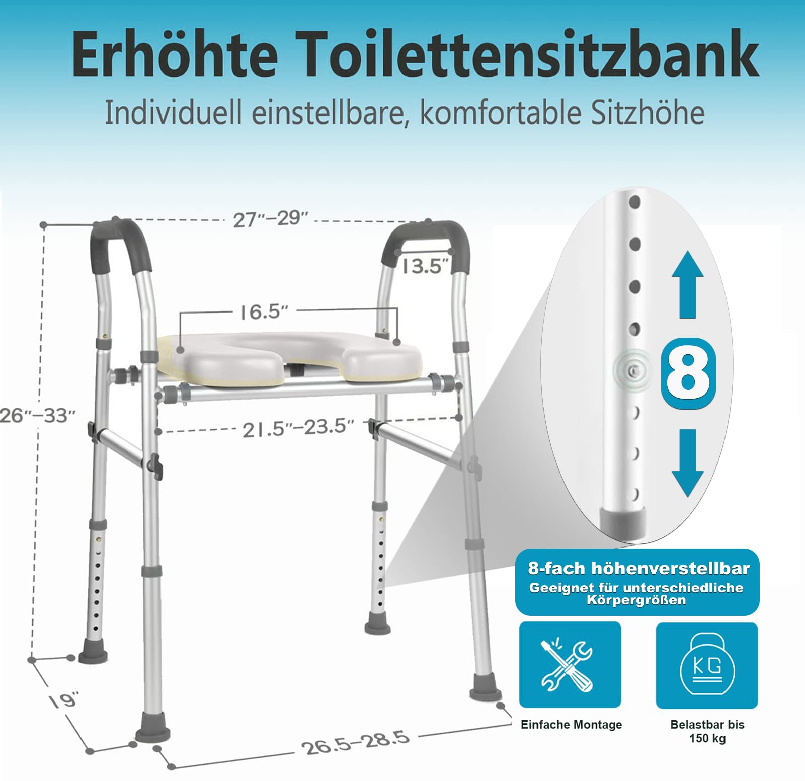 Toilettensitzerhöhung mit Griffen WC-Sitzerhöhung mit Aufstehhilfe 8-fach höhenverstellbar breitenverstellbarer erhöhter Toilettensitz stabiler Toilettenerhöhung, mit deutscher Anleitung