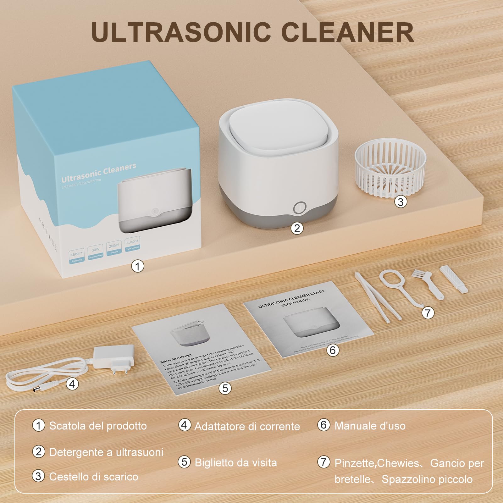 Pulitore Ultrasuoni Portatile 45000Hz con Luce UV | 24W | 200ML | Ultrasonic Cleaner per Protesi, Bite, Allineatori, Ferule Dentali e Gioielli