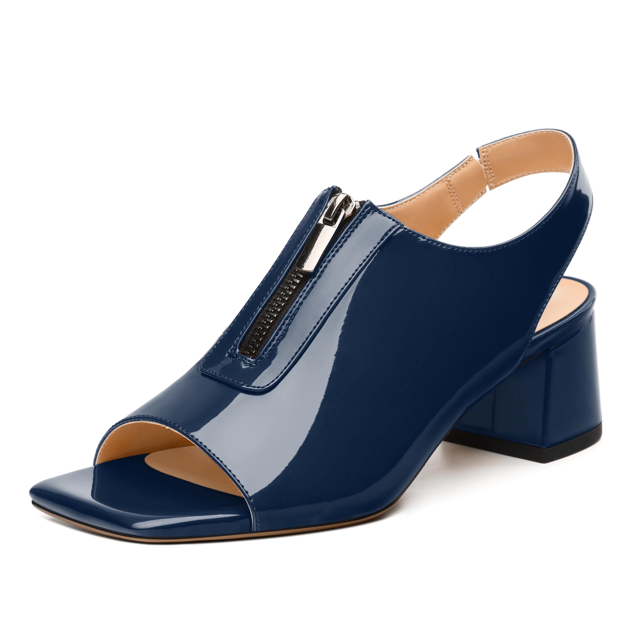 MISEZOXI Womens Pumps, Square Peep Toe Mid Block Heel Slingback Pumps for Women, Open Toe Backless Pumps with Front Zipper 2