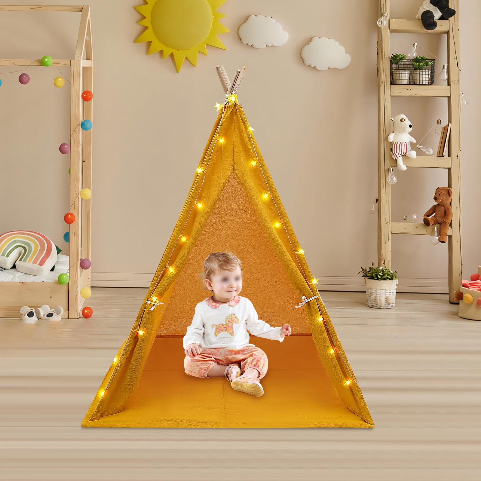 Tipi Tente pour Enfants avec LumièRes,Tipi Enfant Interieur Tente de Jeux Jeu Pliable en Coton avec Tapis 120 * 120 * 140cm,Salle de Jeux Spacieuse pour 1-3 Enfants (Jaune)