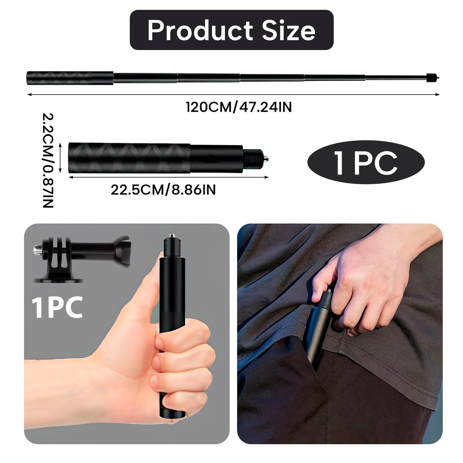 120CM Perche à Selfie Invisible pour Insta X3 X4 RS, Support de Selfie Invisible en Aluminium, Tige Télescopique pour Caméras d'action et Microphone