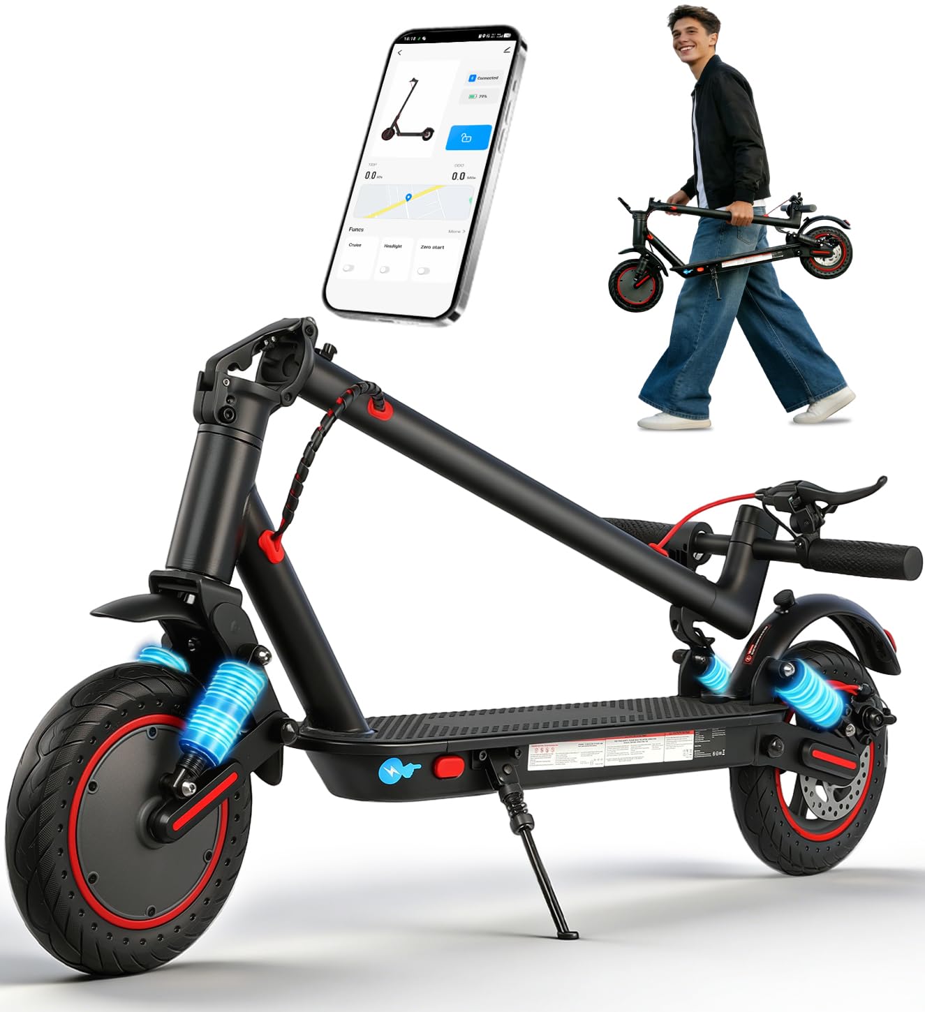 Monopattino Elettrico,Autonomia 30 km, Velocità max 25 km/h, Batteria 36V 10.4Ah, Doppi freni a disco con EABS, Pneumatici solidi 10", Monopattino da città, Controllo App, pendenza max 15%