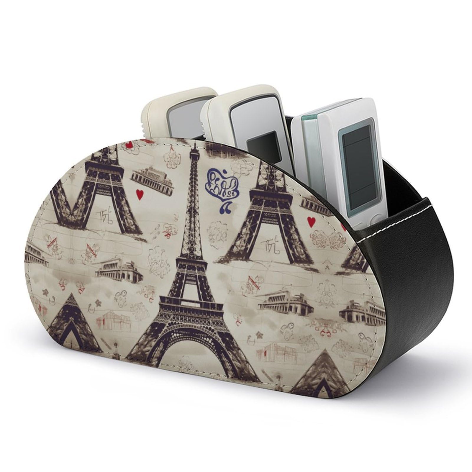 VstaDank French Paris Tour Eiffel Tower Remote Control Holder with 5 Compartments PU Leather Remote Caddy Desktop Organizer Store TV Remote Control Storage Box for Home Office Desk Nightstand
