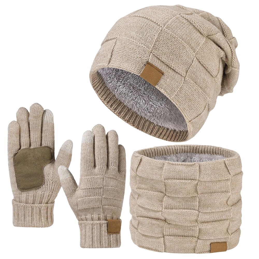 – Beanie Hat Scarf Touchscreen Gloves Set for Men and Women, Fleece Lined Warm Winter Beanie Gloves Neck Warmer Set, Beige