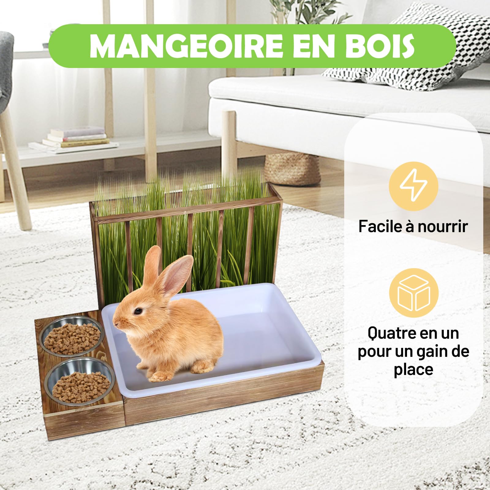 MagiDeal 4 en 1Mangeoire à Foin pour Lapins, Mangeoire en Bois pour Lapins avec Bac à Litière, Râtelier à Foin en Bois pour Petit Animal, Cochons D'in, Ratelier Foin Lapin Mangeoire